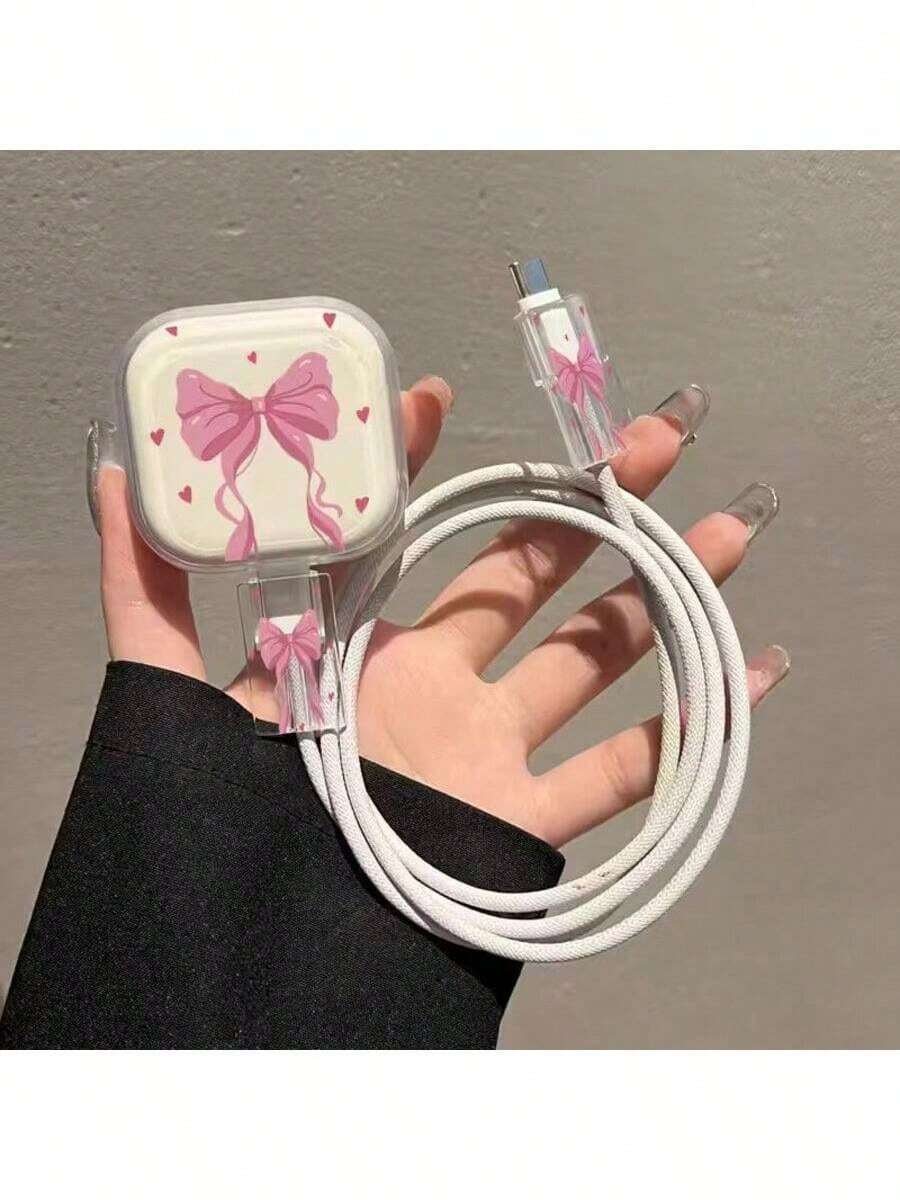 3件組 粉色蝴蝶結圖案/愛心透明/花卉圖案/葉片圖案 18W/20W 充電器保護套,含數據線與電源線保護套,完美禮物選擇 - 粉色 - 查看 1