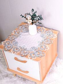 1pc Lace Tablecloth, Light Luxury White Plaid Polyester Fabric Fog Blue Water-Soluble Lace Embroidered Hollow Lace Square Tablecloth Suitable For Bedroom, Living Room, Bedside Cabinet, Square Table And More - Dusty Blue - View 5