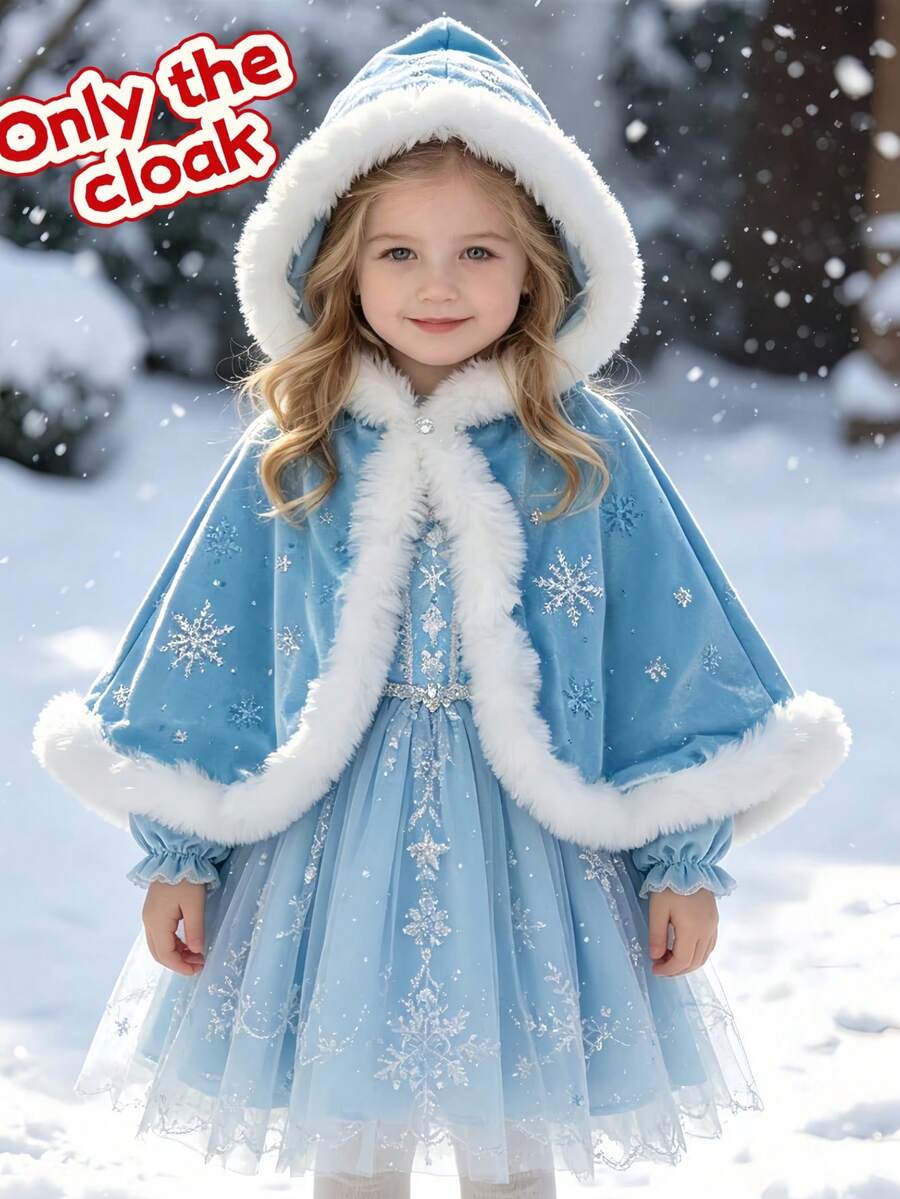 Autumn/Winter Girls' Shawl, Ice And Snow Festival Style, Velvet Fabric, Faux Fur Trim, Snowflake Silver Foil Print, Soft And Skin-Friendly, Casual Style, Suitable For 4-7 Years Old, Winter Girls' Fluffy Shawl - Baby Blue - View 1