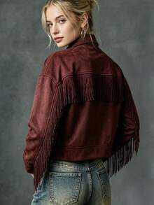 Vintage Western Fringed Faux Suede Jacket, Women's Lapel Short Bohemian Denim Jacket - Coffee Brown - View 1