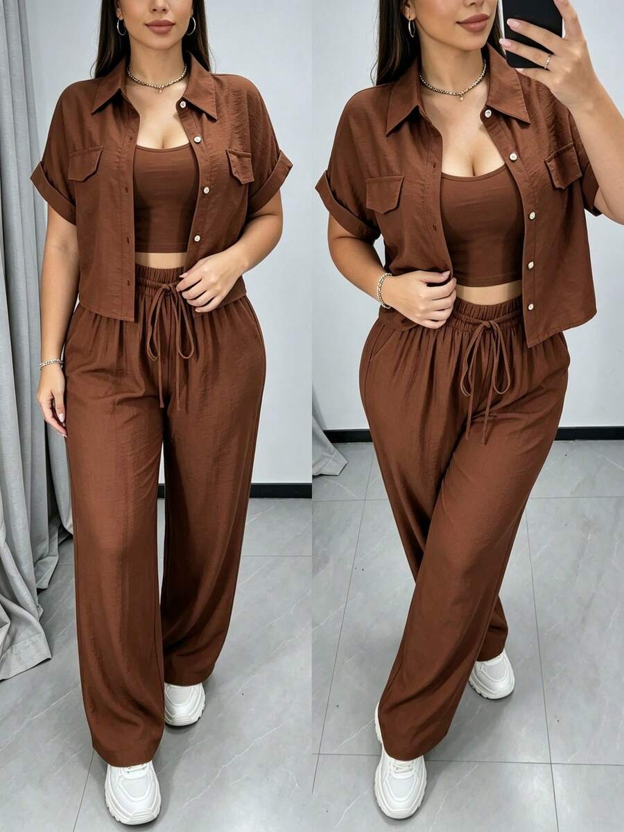 Women Two-Piece Outfits - Coffee Brown - View 1