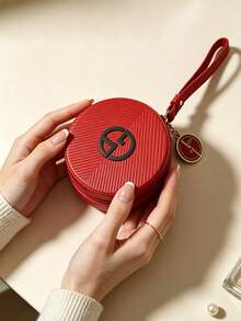 Red Round Zipper Makeup Pouch With Wrist Strap Classic Logo Portable Cosmetic Storage Bag For Daily Travel Use ARMANI-GIFT-75 - Red - View 6