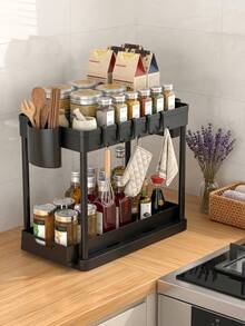 1pc Under Sink Storage Rack, 2-Tier Organizer With Hooks And Hanging Cups, Suitable For Under Sink, Kitchen, Bathroom And More, Space-Saving Multi-Functional - Black - View 4