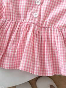 1pc Young Girl) Cute Peter Pan Collar Long Sleeve Plaid Shirt, Thin Fabric, Spring/Autumn - Pink - View 8