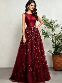 Women's Sleeveless V-Neck Long Evening Dress, Decorated With Luxurious Lace, Backless Design, Perfect For Formal Occasions. Wedding Party Spring Fall - Burgundy - View 1