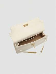1pc Denim Monogram Multi-Functional Handbag, Minimalist Metal Buckle Bag With Short Handle, Adjustable Strap Top Handle Bag, Understated Elegance - Ivory - View 5