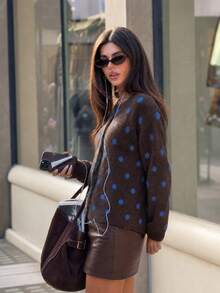 Women's Fashion Polka Dot Button Cardigan, Blue Button Street Style Sweater, Suitable For Autumn/Winter Thanksgiving, Halloween, Christmas Outfits - Coffee Brown - View 7