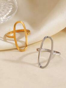 2PCS/1PC Stainless Steel Minimalist Geometric Oval Rings Suitable For Women's Daily And Party Wear - Multicolor - View 3