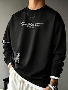 Men's Spring/Autumn Fashion Versatile Comfortable Multiple English Print 2 In 1 Crew Neck Long Sleeve T-Shirt - Black - View 2