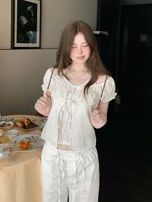 Women's Lace Patchwork 2-In-1 Casual Daily T-Shirt, White - White - View 4
