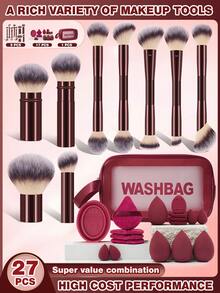 Set Perlengkapan Rias Wajah Lengkap Warna Burgundy 27 Buah, 9 Buah Kuas Rias Dua Ujung, 17 Buah Spons Rias Berbagai Ukuran & Puff Bedak Segitiga, 1 Buah Mangkuk Pembersih Kuas Silikon & Tas Cuci Portabel - MultiWarna - View 1