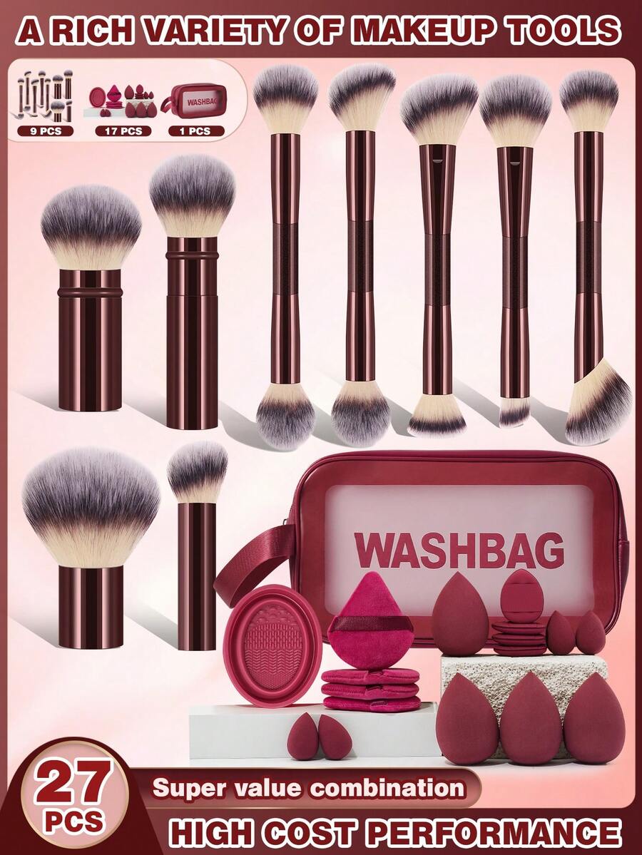 Set Perlengkapan Rias Wajah Lengkap Warna Burgundy 27 Buah, 9 Buah Kuas Rias Dua Ujung, 17 Buah Spons Rias Berbagai Ukuran & Puff Bedak Segitiga, 1 Buah Mangkuk Pembersih Kuas Silikon & Tas Cuci Portabel - MultiWarna - View 1