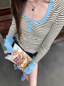 Atasan Kaos Wanita Gaya Amerika Bergaris Blok Warna Slim Fit Seksi yang Menawan - Aprikot - View 6