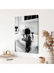 1 pièce Affiche murale thème alcool, représentant une femme buvant et lisant dans une baignoire, décoration de bar noir et blanc, décoration de salle de bain pour fille, impression sur canevas, art mural sur canevas, affiche de chambre, décoration de maison, décoration de chambre esthétique, fournitures de décoration de chambre. Cadre en option, décoration de chambre - Multicolore - Voir 10