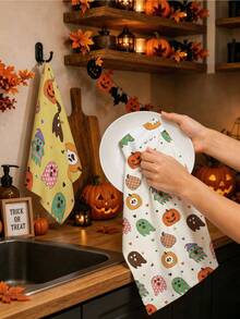2 Packs Retro Cartoon Ghost & Pumpkin Halloween Hand Towels, Soft Printed Absorbent Kitchen Dish Tea Towels For Home Party Decoration - A - View 5