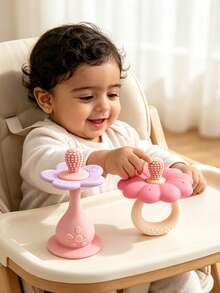 2PCS/Set Mainan Gigit Bayi Berbentuk Bunga + Mainan Meja Bayi Berbentuk Bunga, Alas Hisap Kuat, Dapat Ditempelkan di Meja atau Kamar Mandi, Desain Empeng Berbentuk Bunga, Mainan untuk Mengonsumsi Gusi Bayi yang Sedang Tumbuh Gigi - MultiWarna - View 2