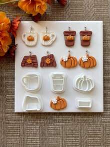 Fall Coffee Themed Polymer Clay Cutters, Mug Latte Cup Book Pumpkin Embossing Molds For Handmade Earrings Charms DIY Craft Supplies - White - View 3