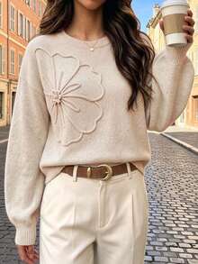 Women's Crewneck Knit Sweater Pullover, Long Sleeves And Regular Hem, Soft Slight Stretch Fabric With Statement Flower Detail Fall - Camel - View 3