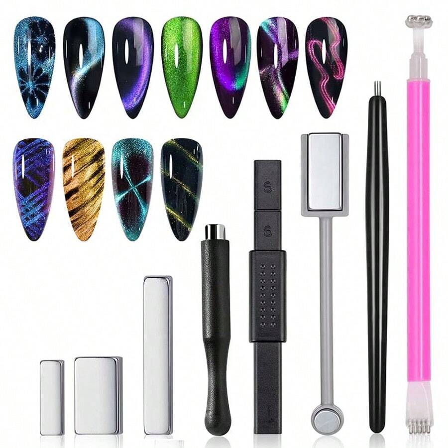 3/8PCS Multi-Function Cat Eye Nail Art Magnet Set, French Cat Eye Gel Styling Magnetic Tools, Professional Nail Salon Nail Art Accessories, Home DIY Fashion Nail Design Supplies - Multicolor - View 1