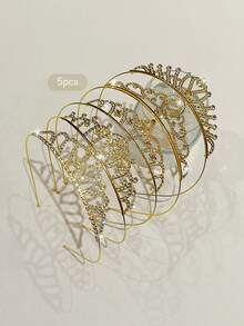 5pcs Gold Crown Minimalist Style Headbands Suitable For Birthday Party Performance Headwear - Multicolor - View 5