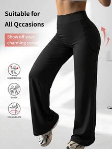 Cloud-Feel Soft Quick-Dry Butt-Lifting Wide Leg Sports Pants, With Pockets For Fitness And Daily Wear - Black - View 10