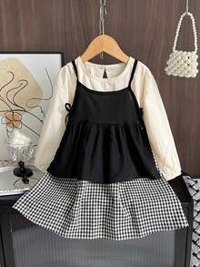 bearleader 1 To 5 Years Young Girls' Fashion Long Sleeves Patchwork Plaid Dress With A Bow Short Overall 2 Pieces Fall Or Spring Clothes - Black - View 3