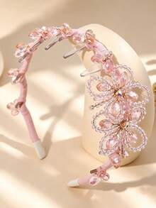 Shiny Pink Crystal Bridal Headband, Handmade Beaded Floral Decor Women's Headband, Suitable For Wedding, Party, Daily Wear - Pink - View 7