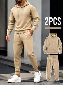 2pcs Set Autumn Winter Textured Twill Jacquard Men's Hoodie Sweatshirt And Sweatpants Set, Casual Long Sleeve Drawstring Zip-Up Pullover And Elastic Waist Sweatpants Sportswear Set, Men's Daily Street Casual Wear, Loungewear, Sports Training Wear, Jogging Sportswear Set, Suitable For Autumn Winter Wear Two Pieces Matching Set - Khaki - View 4