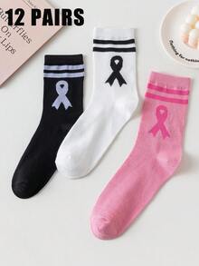 3/6/9 Pasang Kaos Kaki Wanita Model Preppy Bergaris dengan Pita, Panjang Setengah Betis, Lembut & Nyaman untuk Perjalanan Sehari-hari - MultiWarna - View 7