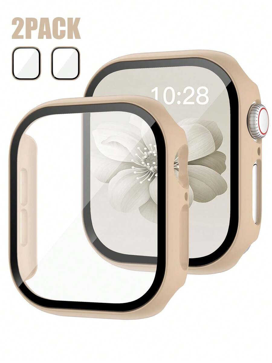 2PCS Milk Tea Color Watch Protective Case Compatible With Apple Watch 40mm/41mm/42mm/44mm/45mm/46mm/49mm, Anti-Fall Anti-Scratch Hard PC + Tempered Glass Film Integrated Watch Case Compatible With Apple Watch Ultra/SE/12/11/10/9/8/7/6/5/4 Series Compatible With Apple Watch Men/Women Casual Sports Watch Case - Milk Tea Color + Milk Tea Color - View 1