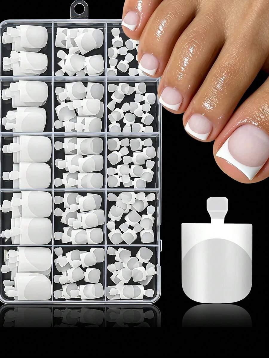 150pcs Translucent Matte French Style Short Square White Edge Full Coverage Press-On Toenails, Summer Style - Multicolor - View 1