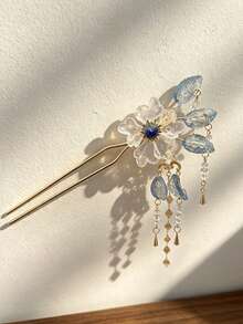 1pc Gradient Blue Glazed Floral Tassel U-Shaped Hair Pin, Crystal Bridal Hair Accessory, Suitable For Daily, Beach, Wedding And Party - Multicolor - View 8
