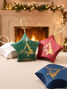 10pcs Christmas Star Shaped Gift Box With Gold Tree Print And Hanging Ribbon, Mini Holiday Packaging Box, Easy To Assemble For Christmas Tree Decorations, Party Favors, Gift Exchange, Winter Celebrations & New Year - 7.5X3.5X10.5cm - View 2