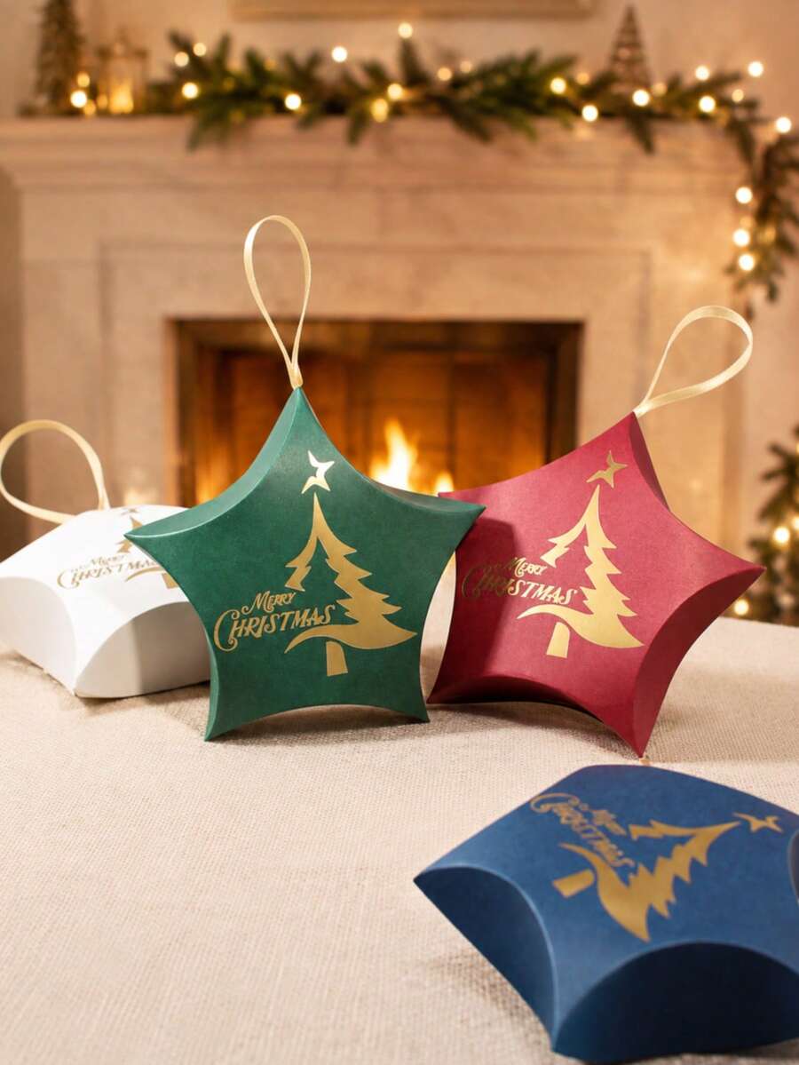 10pcs Christmas Star Shaped Gift Box With Gold Tree Print And Hanging Ribbon, Mini Holiday Packaging Box, Easy To Assemble For Christmas Tree Decorations, Party Favors, Gift Exchange, Winter Celebrations & New Year