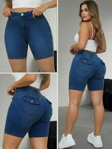 Comfortable Casual Slim Fit Mid-Waist Denim Shorts, Plus Size Design With Pockets, Distressed Wash, Suitable For Spring/Summer - Dark Wash - View 3