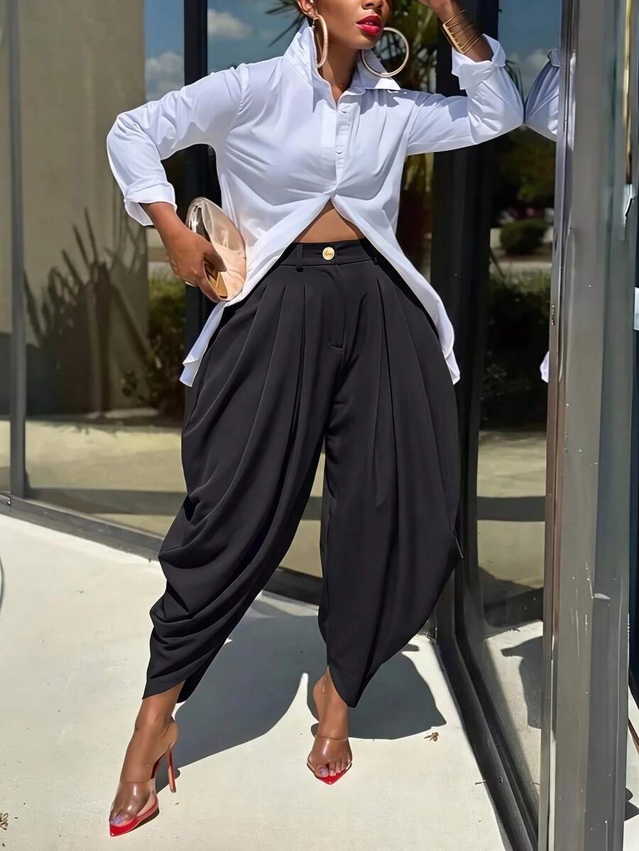 Black High Waist Pleated Harem Pants, Irregular Ruched Ankle Length Loose Trousers Women Hip Covering Casual Streetwear - Black - View 1