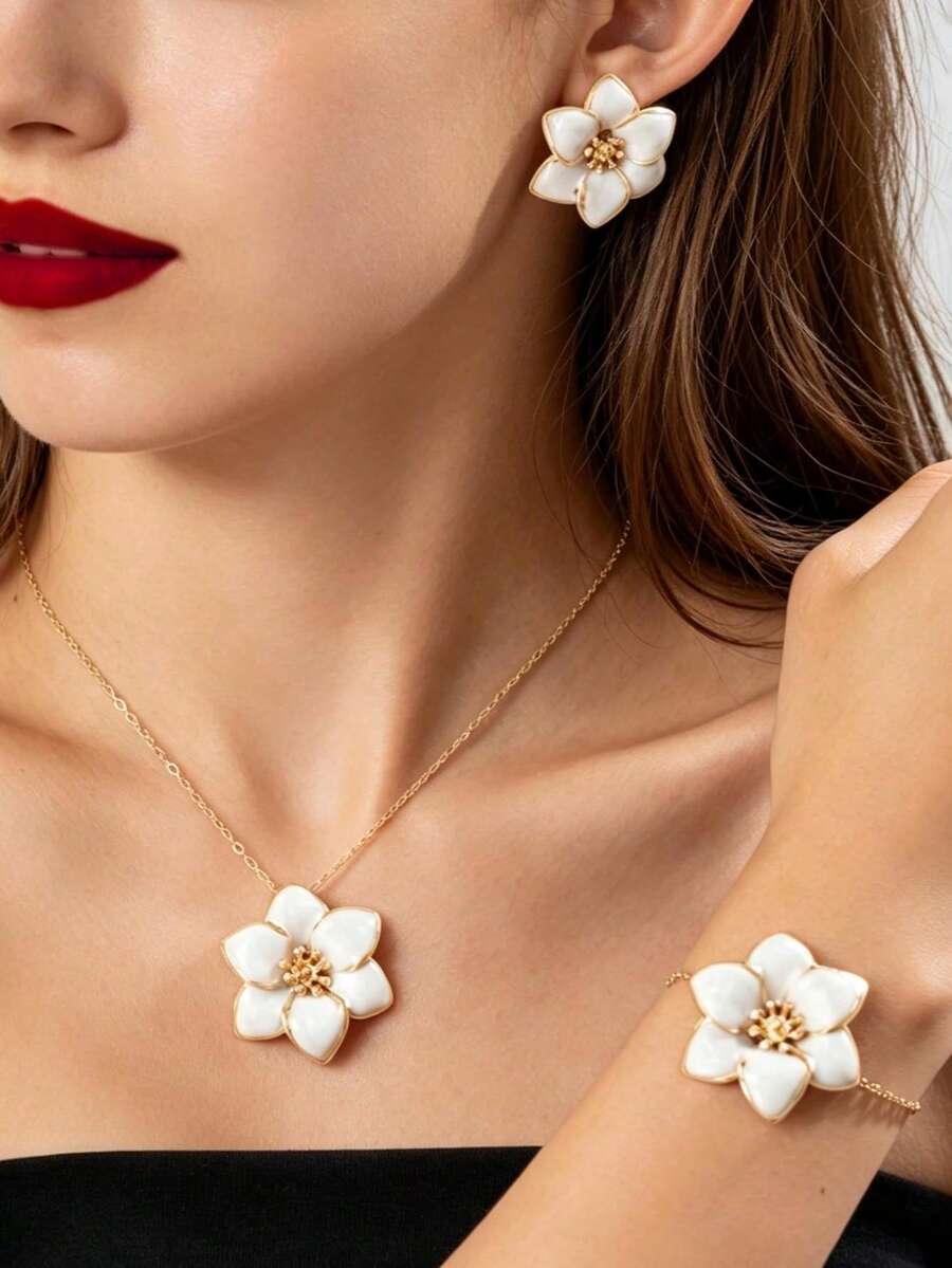 European And American Cross-Border Elegant Fashion Floral Jewelry Set, Suitable For Party/Banquet/Wedding/Gift - White - View 1