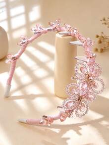 Shiny Pink Crystal Bridal Headband, Handmade Beaded Floral Decor Women's Headband, Suitable For Wedding, Party, Daily Wear - Pink - View 6