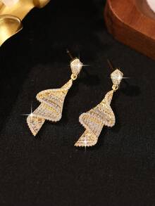 1pair Glamorous Spiral Syllable Cubic Zirconia Women Long Dangle Earrings,Jewelry Gift For Women For Dating,Wedding,Party, Anniversary,Daily Wear - Yellow Gold - View 6