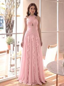 Women's Elegant Sexy Multi-Layer Ruffle Patchwork Design Full Skirt Slimming Luxury Dress Solid Color Sexy Party Patchwork Wedding Pink Fall - Pink - View 2