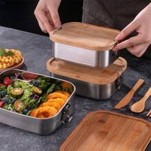 Stainless Steel Lunch Box With Bamboo Lid And Straight Buckle Design; Large Capacity Partitioned Lunch Box; Leak-Proof Structure; Suitable For Office Workers, Students, Outdoor Picnics, Travel, Office Dining, And Daily Use; Practical Item. - Silver - View 1