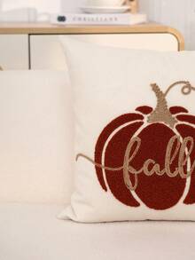 1pc Beige Pumpkin Embroidered Pillowcase, Thanksgiving Fall Letter Embroidered Pillowcase, Suitable For Indoor Decor, Thanksgiving Decoration, All Season Pillowcase, Without Insert - Beige - View 6