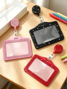 Sparkling Rhinestone ID Card Holder, Rhinestone Horizontal ID Card Holder With Clip, Small Rhinestone Retractable ID Card Holder, Cute ID Card Holder, Retractable Sparkling Crystal Card Holder, Suitable For Work ID, Bank Card, Meal Card, Work Permit, Etc., Suitable For Work, Office, Nurse, Medical, Student, Teacher, Unique Birthday Gift, Holiday Gift, Party Gift, Mother's Day Gift, Back To School Gift - Multicolor - View 1