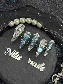 10pcs Handmade Fully Covered Stiletto Nails Press On Nails, Cadet Blue3D Metal Bow Star Roses And Other Decorations Fake Nails, Suitable For Party, Dance, Daily, Beach Vacation, With Jelly Glue & Nail File, Luxury Mystical Y2K Mermaid Style Reusable - Cadet Blue - View 5