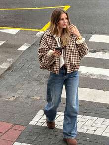 Brown Plaid Woven Women's Zipper Front Jacket - Multicolor - View 3