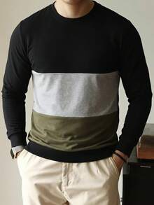 Men's Retro Colorblock Patchwork Crew Neck Long Sleeve T-Shirt, Contrast Design, Loose Casual Base Layer Top For Spring And Autumn Daily Commute - Black - View 2