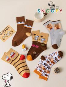 1/5/10 Pairs Snoopy Socks, Maillard Vintage Style Mid-Calf Socks, Color Block Striped Personalized Print, Daily Wear, Fun Christmas Gift - Multicolor - View 7