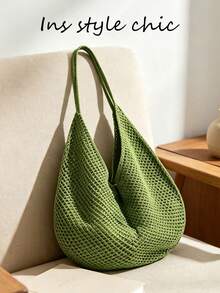 Solid Color Mesh Hollow Crochet Shoulder Bag, Breathable Mesh Surface, Water Drop 3D Design, Open Top Closure, Suitable For School, Travel, Vacation, Commute, Shopping, Miscellaneous Storage - Green - View 6