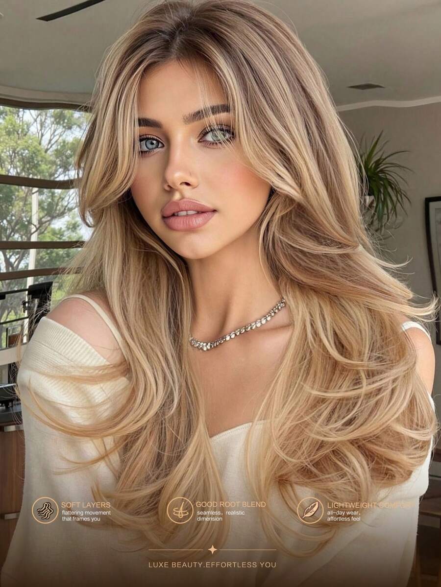 22 Inch Medium-Long Curly Wavy Wig, Mixed Blonde Color, Natural Heat-Resistant Synthetic Fiber Wig, Suitable For Women's Daily Wear, Parties And Commuting - Blonde Ombre - View 1