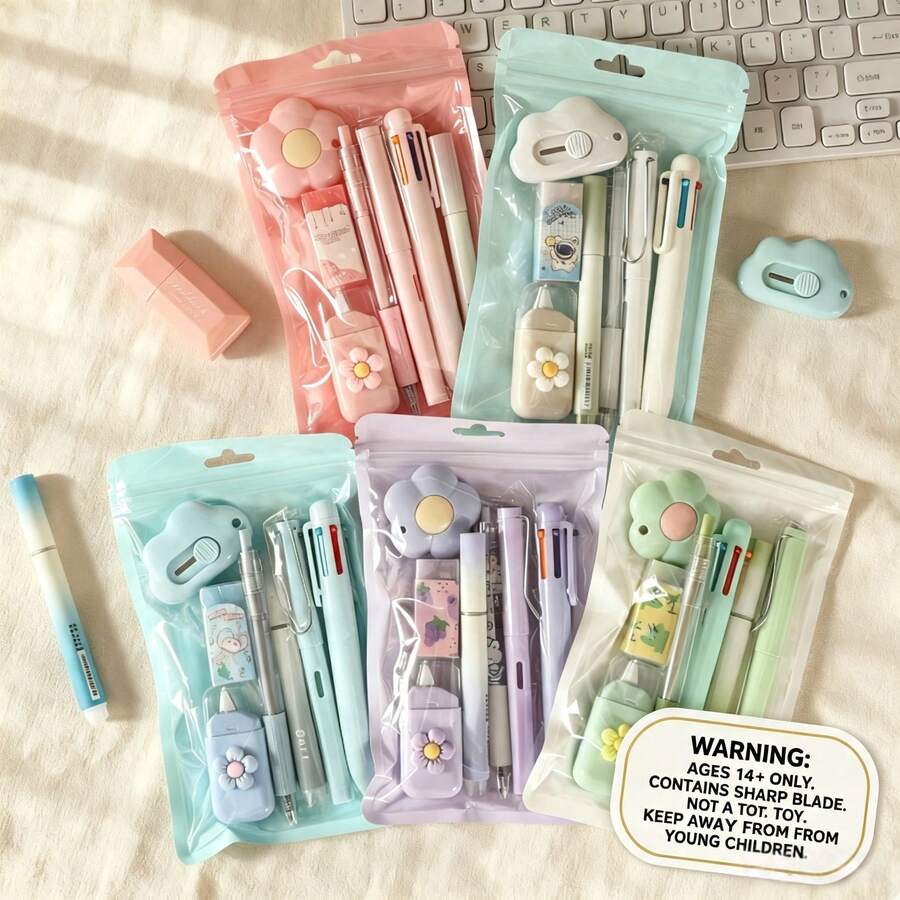 1 Set Of 7pcs Macaron Style Stationery Set, Macaron Color Floral Decorated Stationery Set, Includes Multi-Color Retractable Pens, Mini Correction Tape And Cloud-Shaped Sharp Blade Utility Knife, 14+ Adult Office Planner Portable Writing Supplies Set